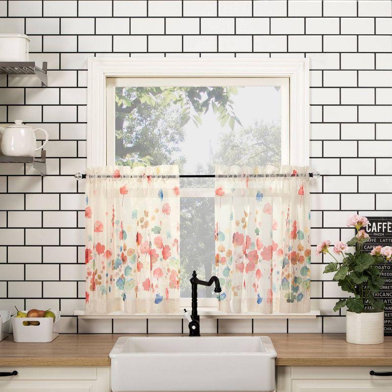 Rosalind Watercolor Floral Semi-Sheer Rod Pocket Kitchen Curtain Valance and Tiers Set Poppy Red - No. 918