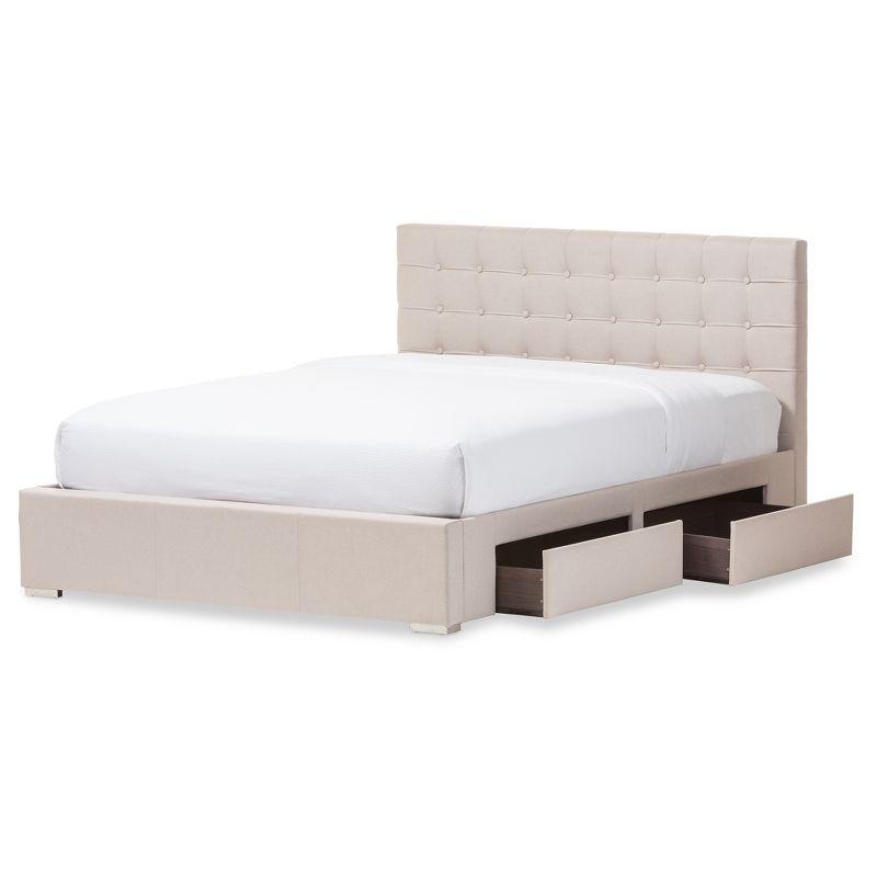 Rene Beige Fabric Upholstered Queen Bed with 4 Storage Drawers