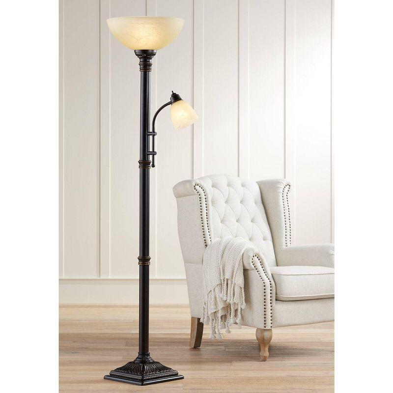 Regency Hill Garver Rustic Retro Torchiere Floor Lamp 72 1/2" Tall Oil Rubbed Bronze with Side Light Amber Glass Shade for Living Room Reading Bedroom