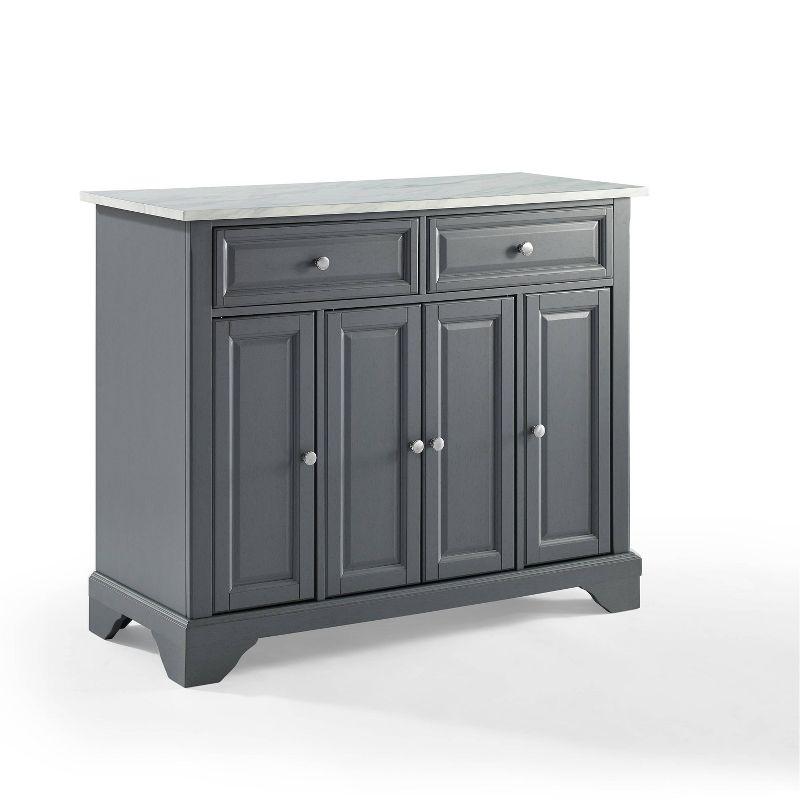 One Allium Way® Kitchen Island With Storage Shelves, Microwave Stand, Coffee Bar, Gray - Birch Veneer, Marble Finish, 2 Drawers & 3 Cabinets, Brushed Nickel Hardware