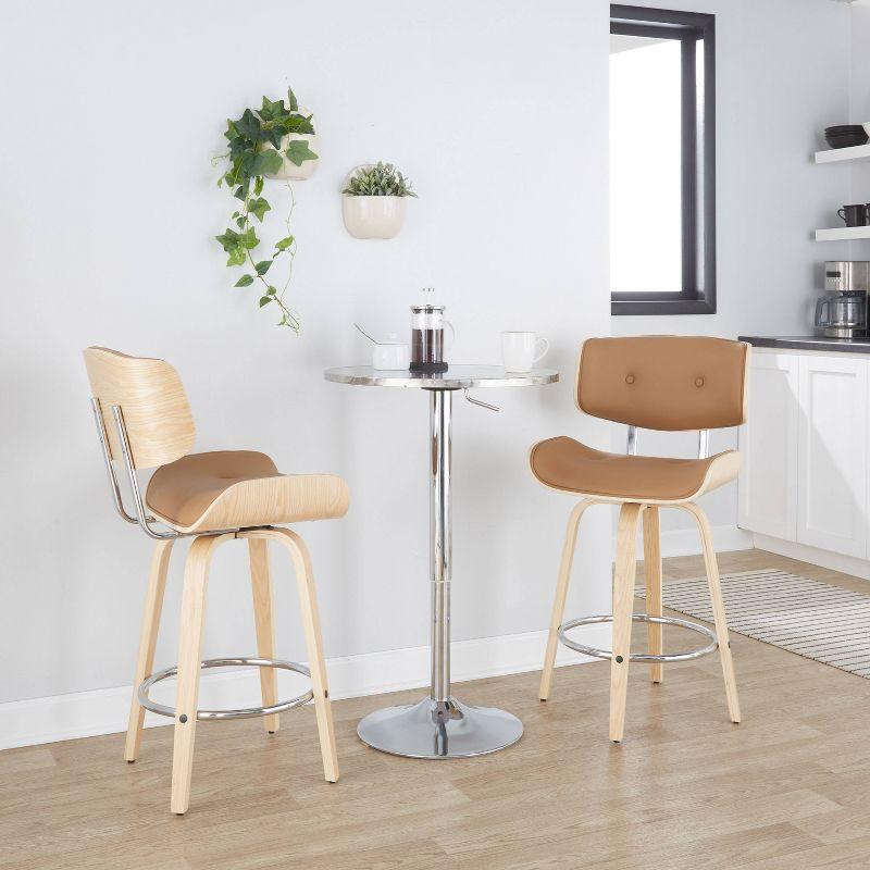 Set of 2 Lombardi Counter Height Barstools Natural/Chrome/Camel - LumiSource: Mid-Century Design, Swivel, Foam Padded