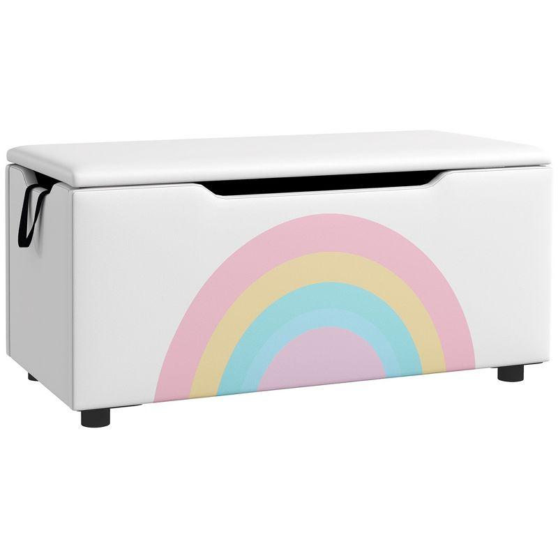 White Kids' Toy Storage Bench with Rainbow Graphic