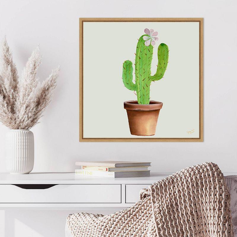 Succulent Symphony I Green Cactus Canvas Wall Art with Maple Frame