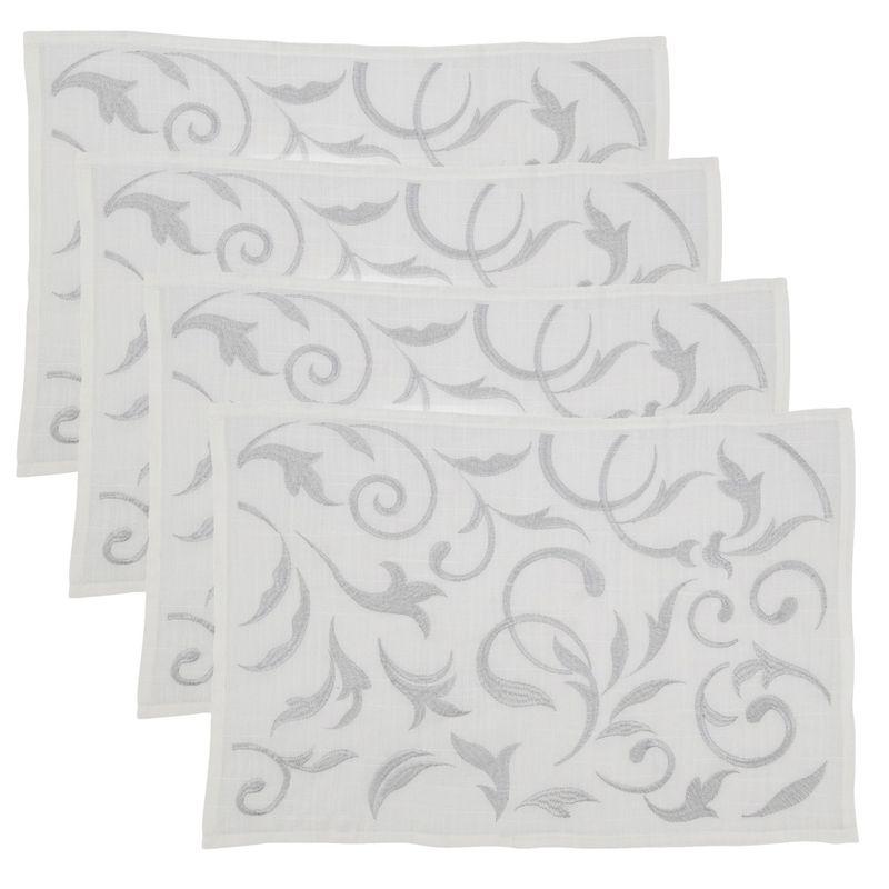 Silver Botanical Embroidered Fabric Rectangle Placemats, Set of 4