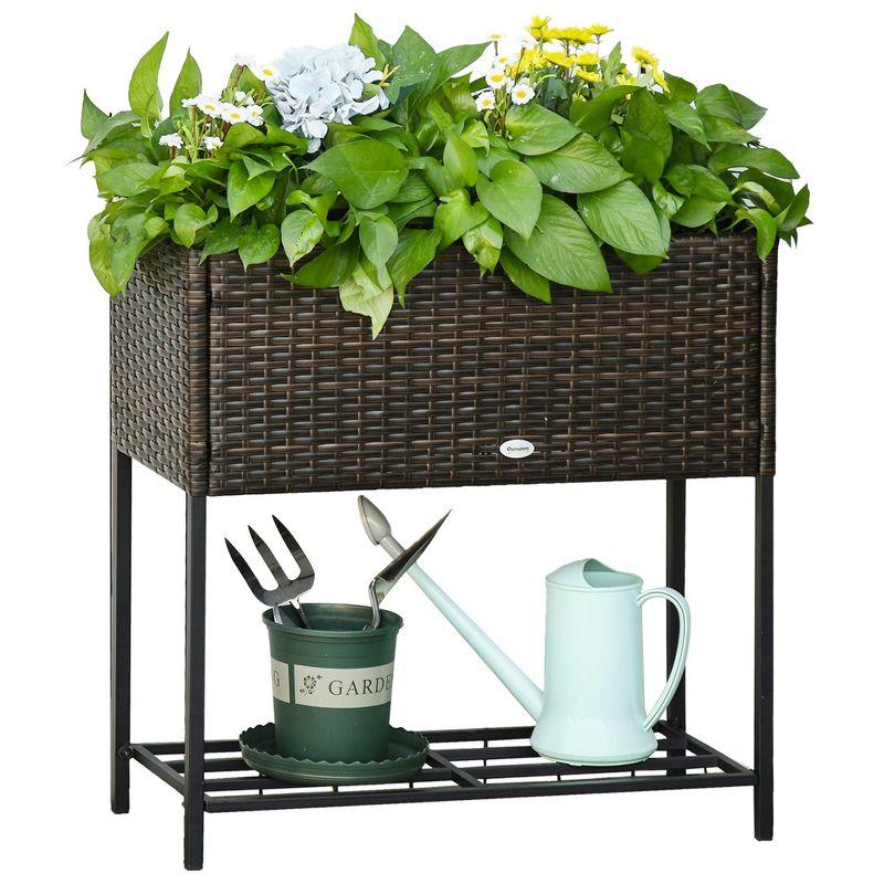 Outsunny Outdoor Flower Stand with legs, Rattan Wicker Look, Tool Storage Shelf, Portable Design for Herbs, Vegetables, Flowers, Brown