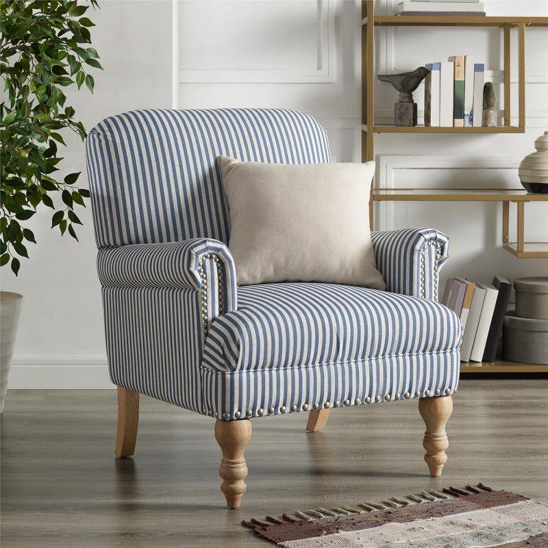 Blue Striped Wood Accent Chair with Rolled Arms