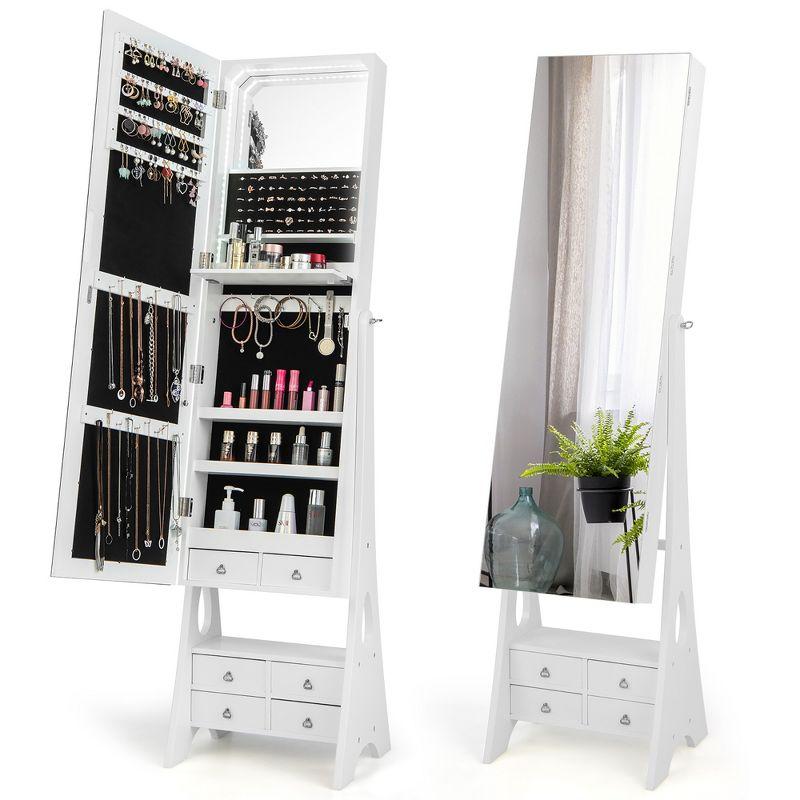 Tangkula Jewelry Cabinet Armoire Full Length LED Mirror w/ 6 Drawers & Makeup Shelf White