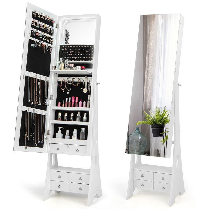 White Vintage Freestanding Full Length LED Mirrored Jewelry Armoire