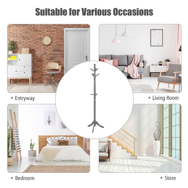 Tangkula Free Standing Coat Rack Solid Wood Hall Tree w/9 Hooks & 2 Adjustable Height Grey