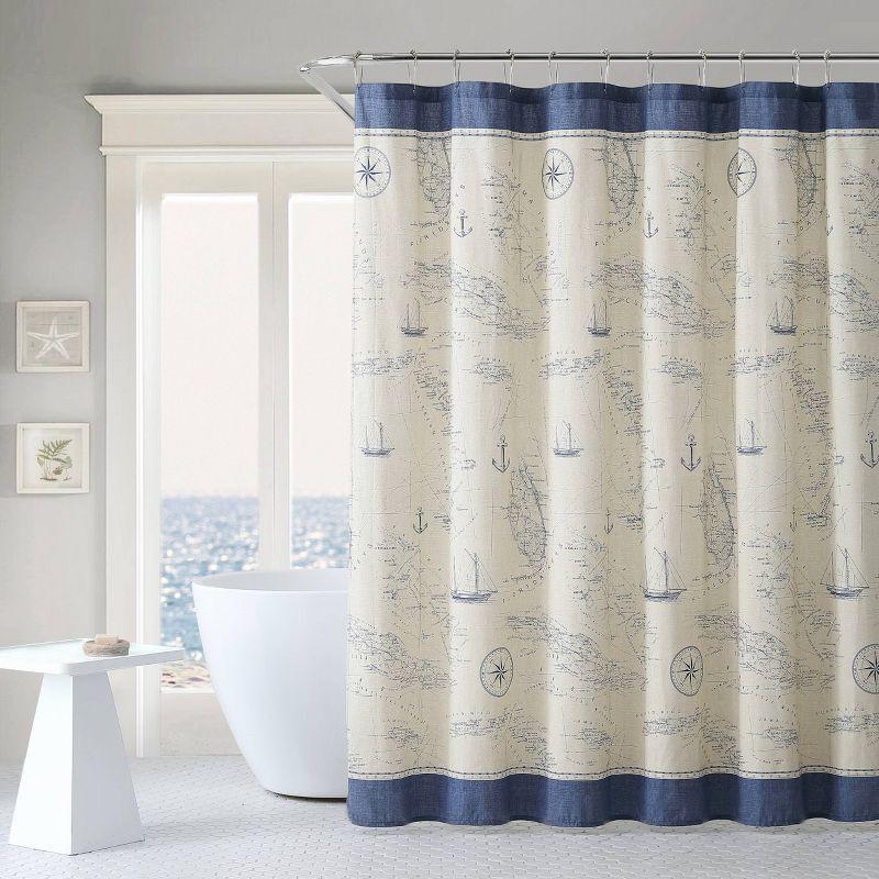 Caribbean Sea Navy Cotton Nautical Shower Curtain