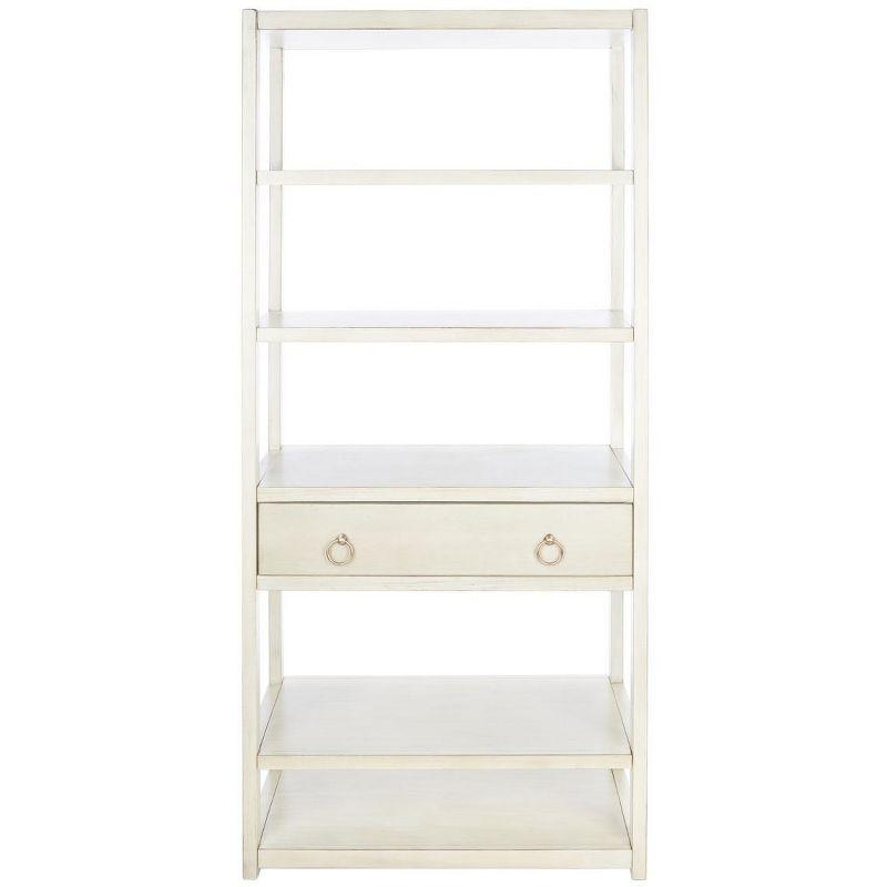 Antique White Acacia Wood 5-Shelf Etagere with Drawer