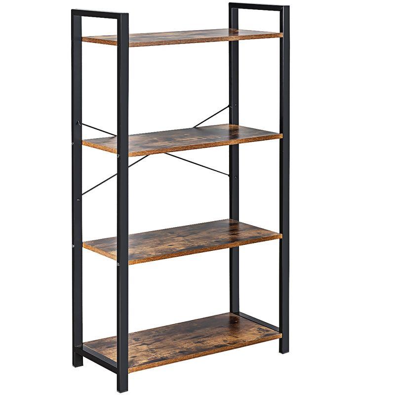 Rustic Brown 4-Tier Industrial Bookcase with Iron Frame