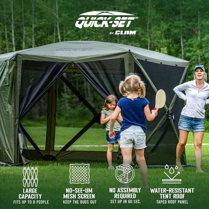 CLAM Quick-Set Escape 11.5 x 11.5 Ft Portable Pop-Up Outdoor Camping Screen Tent 6-Sided Canopy Shelter w/ Carry Bag & 6 Sun and Wind Panels, Green