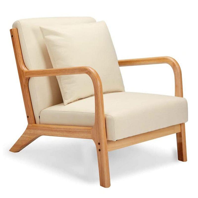 Beige Linen and Oak Wood Mid Century Modern Accent Chair