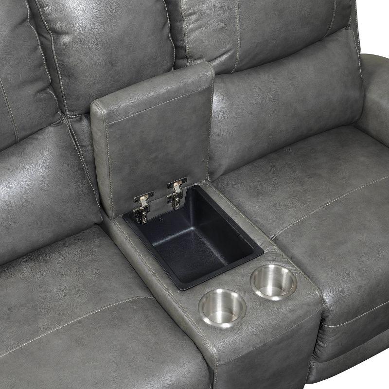 Gray Faux Leather Reclining Loveseat with Storage and Cup Holders