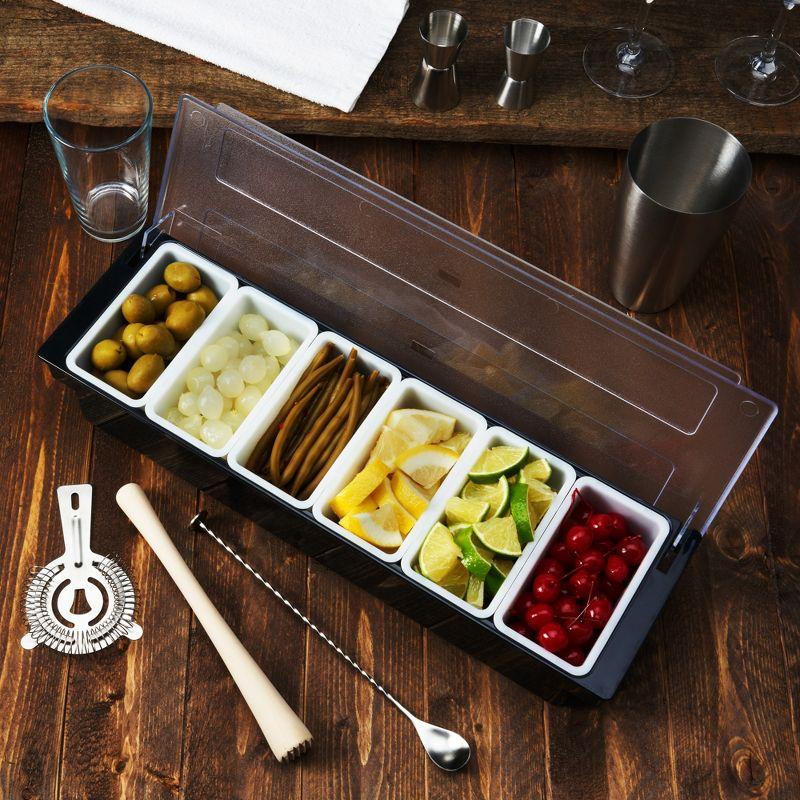 Black Plastic Garnish Tray with Removable Inserts and Lid