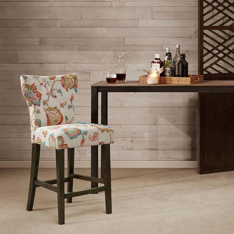 Chic Saffron Floral Print Tufted Counter Stool with Bronze Kickplate