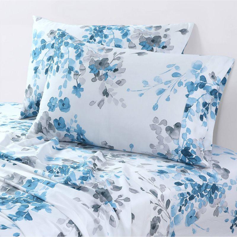 Gray and Blue Floral Organic Cotton Full Sheet Set