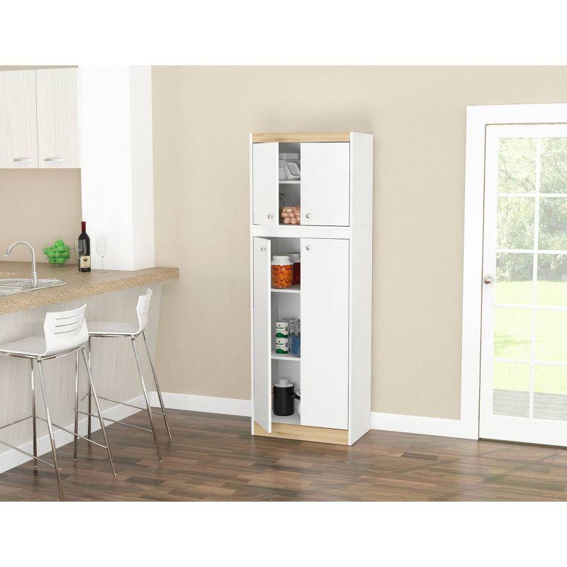 4 Doors Kitchen Storage Cabinet White/Oak - Inval: Modern Pantry with Adjustable Shelves