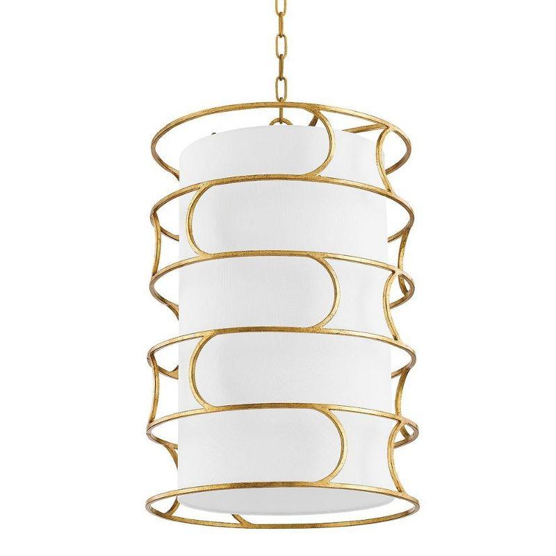 Vintage Gold Leaf Drum Pendant with White Linen Shade - 4 Light