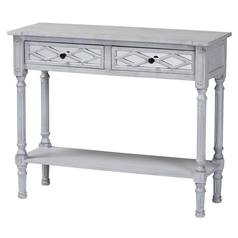 Baxton Studio Gellert Wood 2 Drawer Console Table Gray/Mirror: Traditional Design, Carved Detailing, Storage Shelf