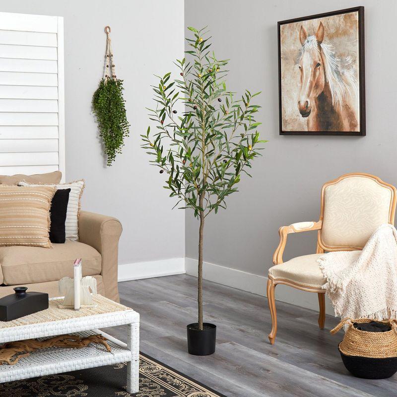 6-Foot Brown Plastic Olive Tree in Black Pot