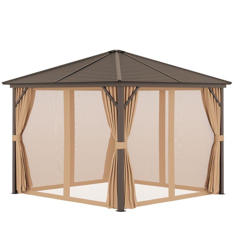 Outsunny 10x10 Hardtop Gazebo with Aluminum Frame, Permanent Metal Roof Gazebo Canopy with Curtains and Netting for Garden, Backyard, Light Brown