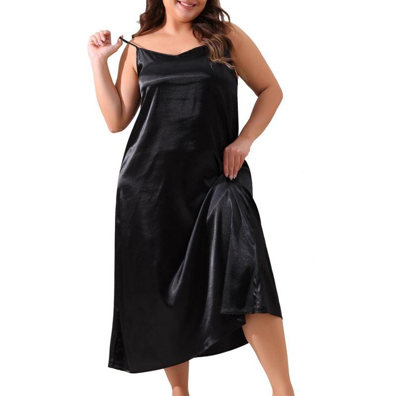 Agnes Orinda Women's Plus Size V Neck Sleeveless Cami Slip Satin Nightgowns Black 1X