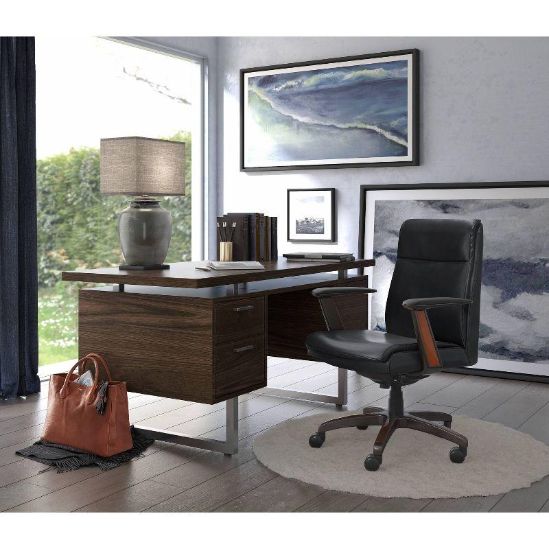 Executive High-Back Black Leather Swivel Office Chair with Wood Accents