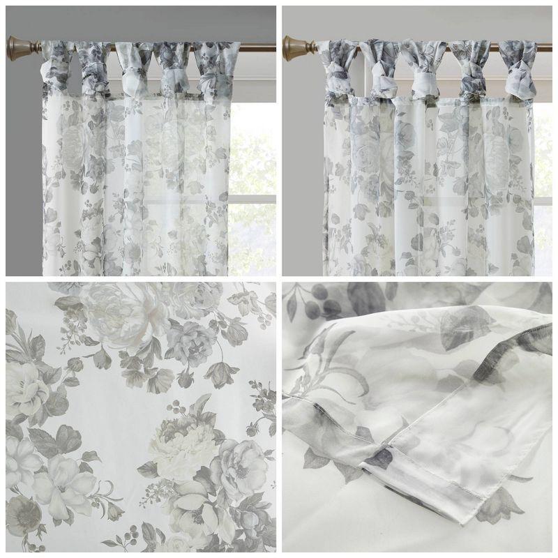 White Floral Twist Tab Top Sheer Polyester Curtain Panel