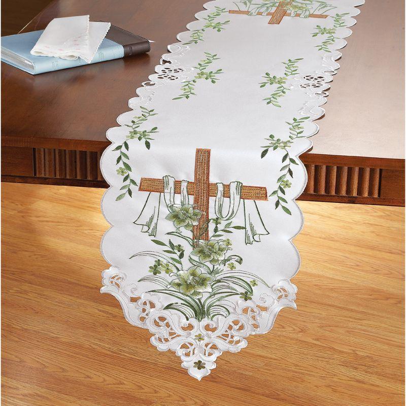 White Embroidered Lily and Cross Easter Table Runner