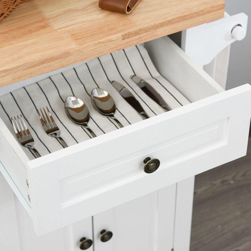 HOMCOM Kitchen Island on Wheels, Rolling Cart with Rubber Wood Top, Spice Rack, Towel Rack & Drawers for Dining Room, White