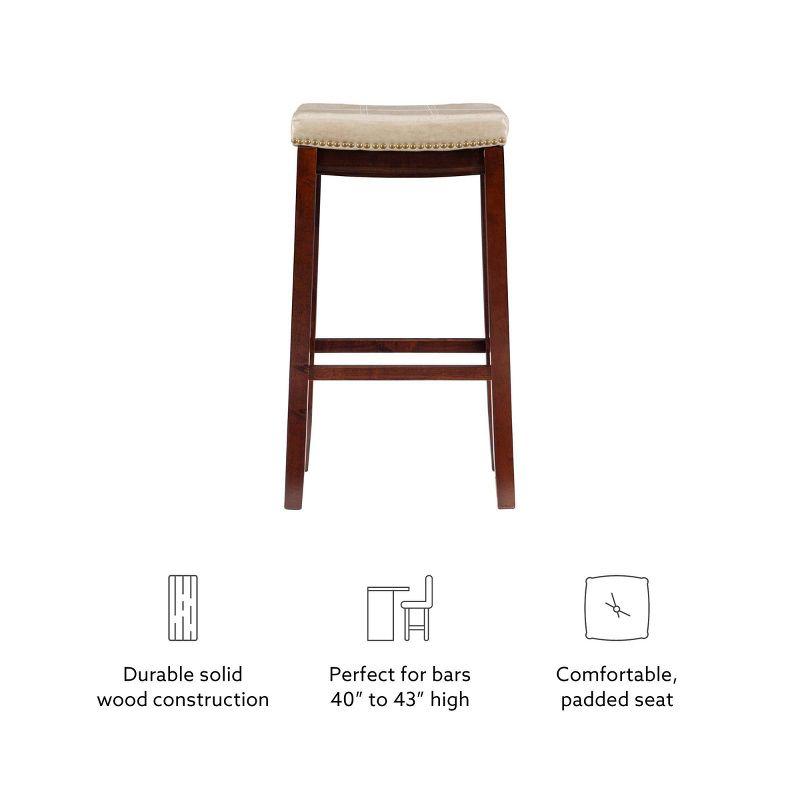 Set of 2 Claridge Faux Leather Nailhead Backless Saddle Barstools Beige - Linon: Upholstered, Rubberwood Legs, Footrest