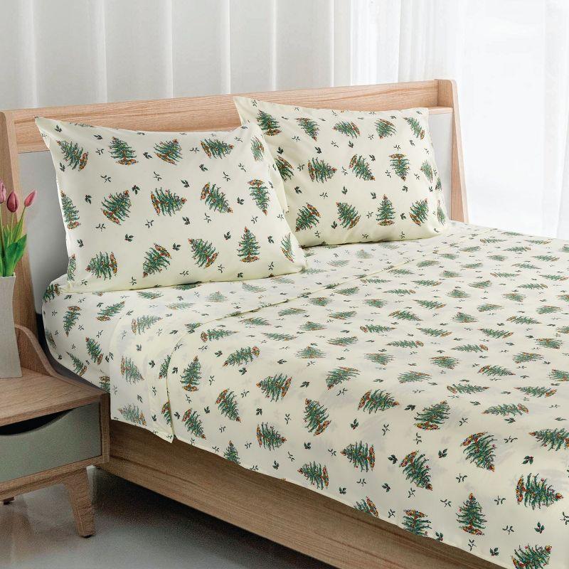 Ivory Christmas Tree Print Queen Flannel Sheet Set