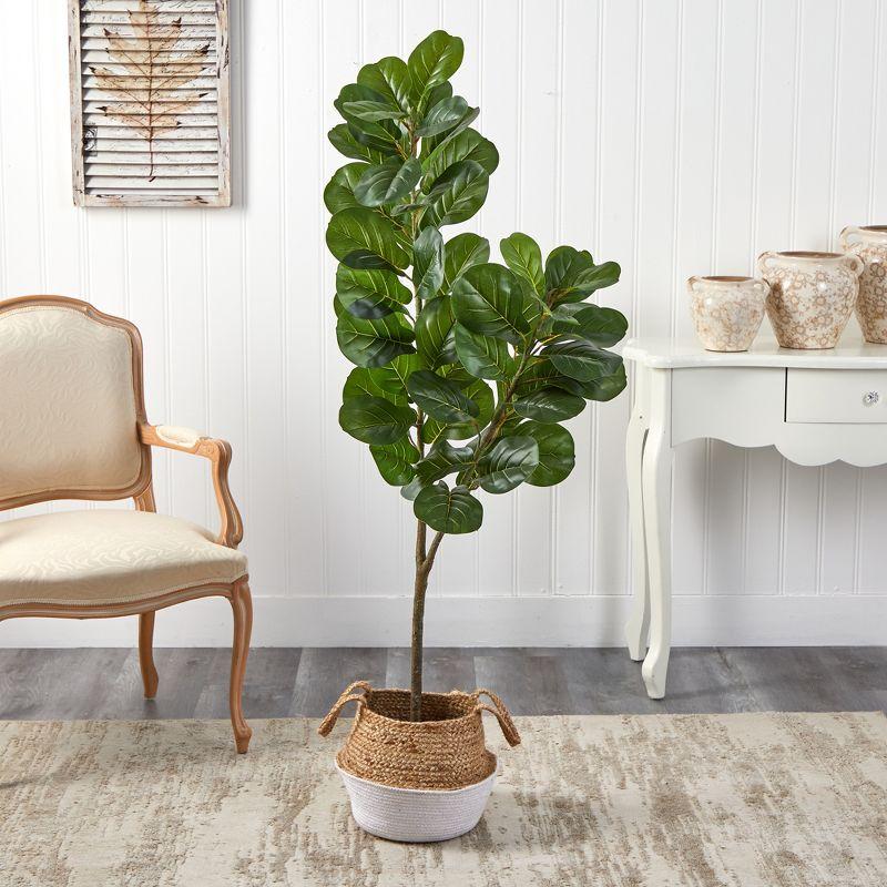 Nearly Natural 4.5-ft Fiddle Leaf Fig Artificial Tree with Boho Chic Handmade Cotton & Jute White Woven Planter