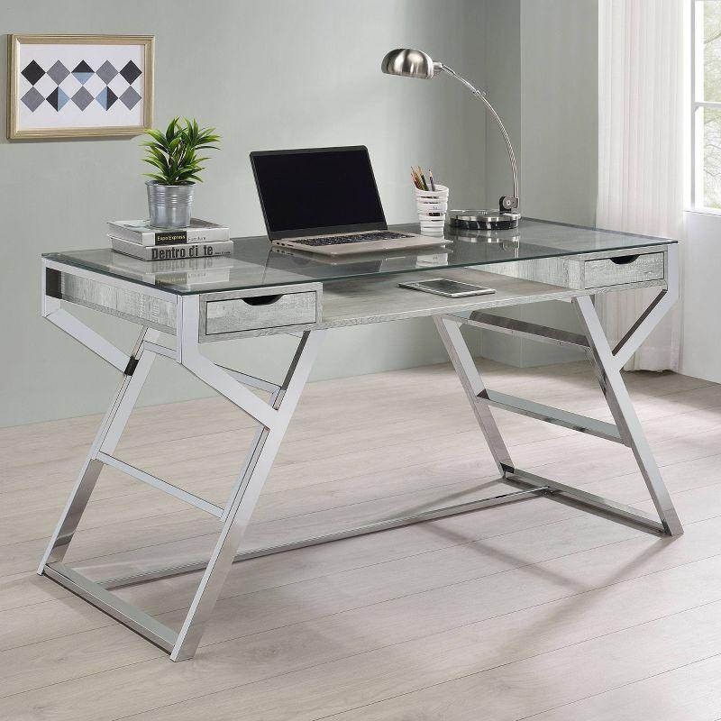 Gray Driftwood and Chrome Glass Top Writing Desk with 2 Drawers