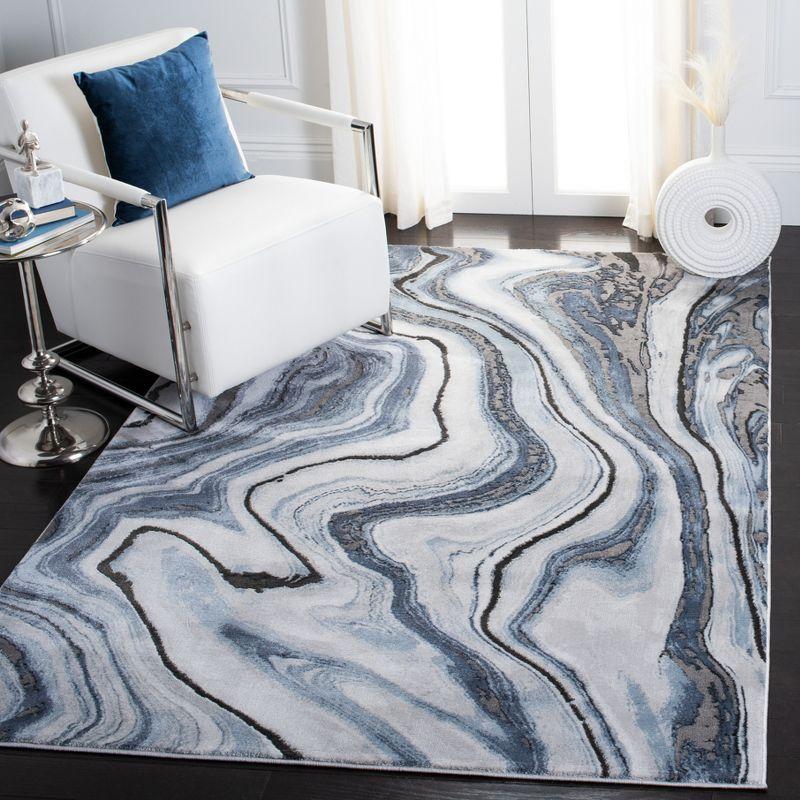 Blue & Grey Abstract Synthetic 4' x 6' Hand-Knotted Rug