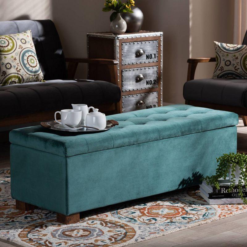 Teal Velvet Tufted Storage Ottoman Bench with Walnut Legs