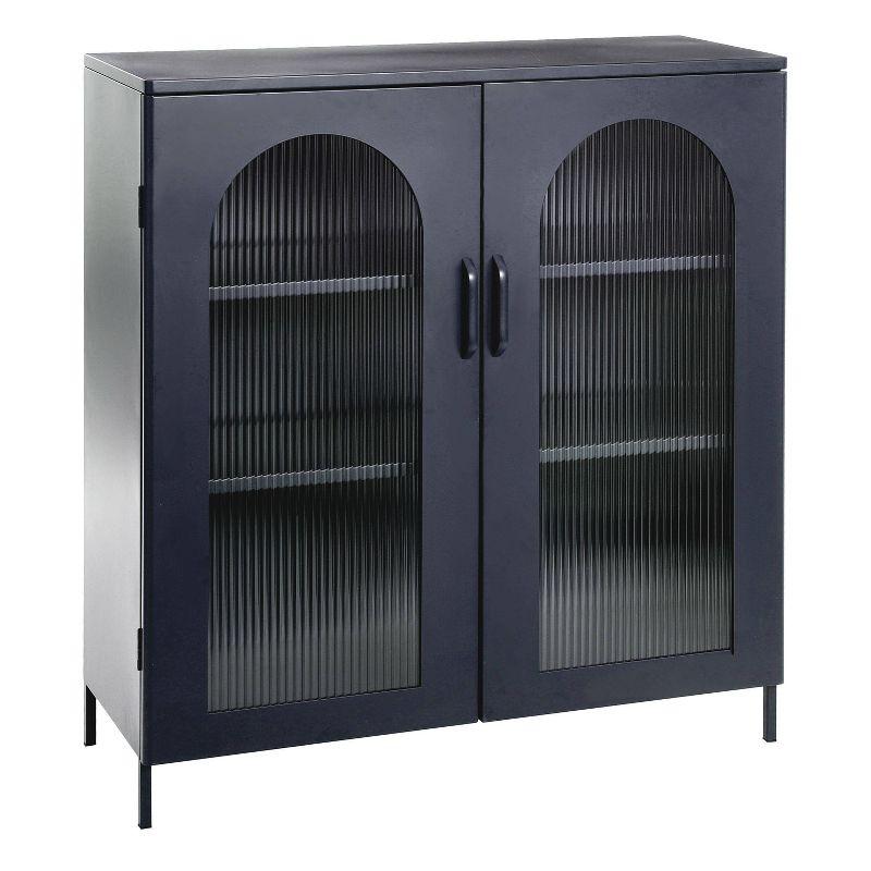 Storied Home Solstice 40" Tall Decorative Accent Cabinet Black: Striated Glass, Metal Frame, 2 Shelves