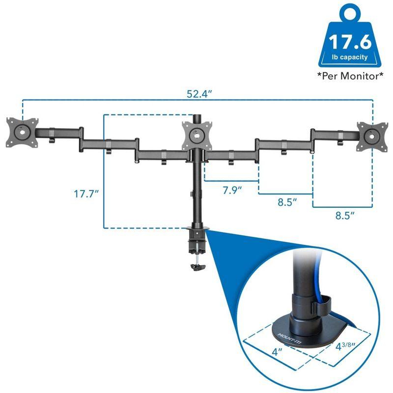 Mount-It! Full Motion Triple Monitor Mount 3 Screen Desk Stand for LCD Computer Monitors for 19 - 27 Inch Monitors, 54 Lbs. Weight Capacity, Black