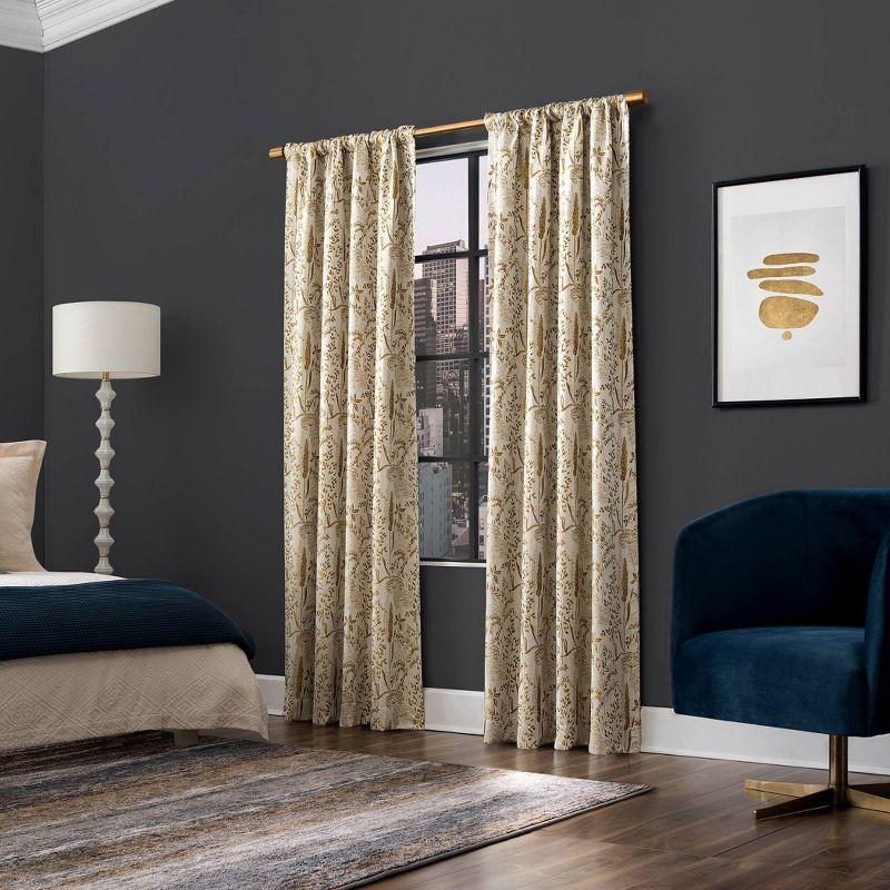 Gold Floral Blackout Pleated Polyester Curtain Panel