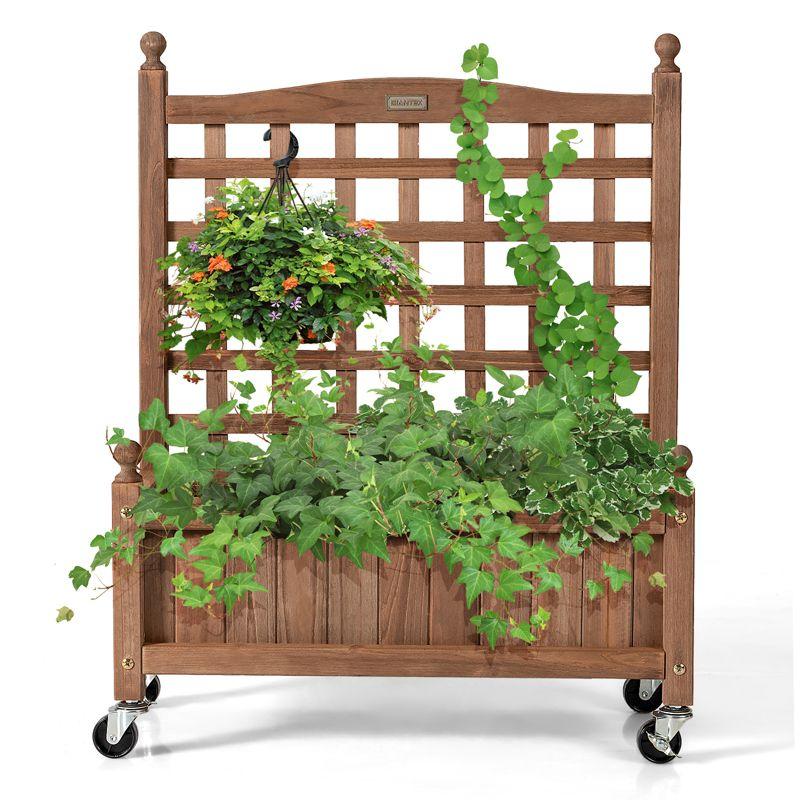 Tangkula 32in Wood Planter Box with Trellis and Wheels Mobile Plant Raised Bed for Indoor&Outdoor