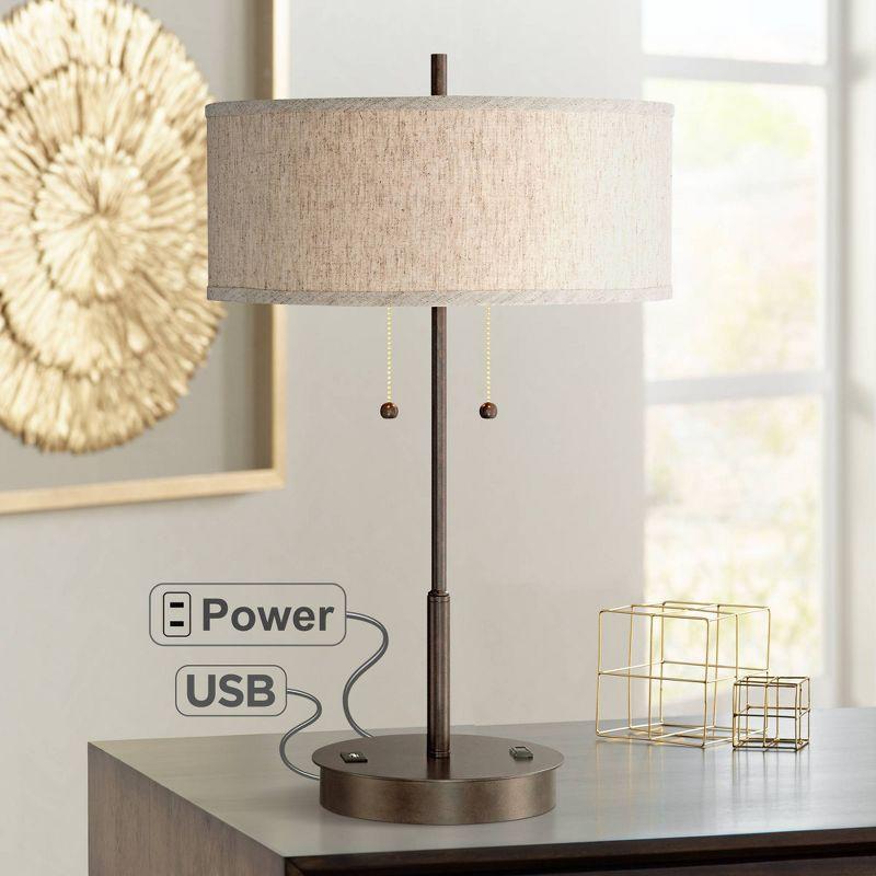 360 Lighting Modern Accent Table Lamp with USB and AC Power Outlet 23 1/2" High Bronze Fabric Drum Shade for Bedroom Living Room House Desk Bedside