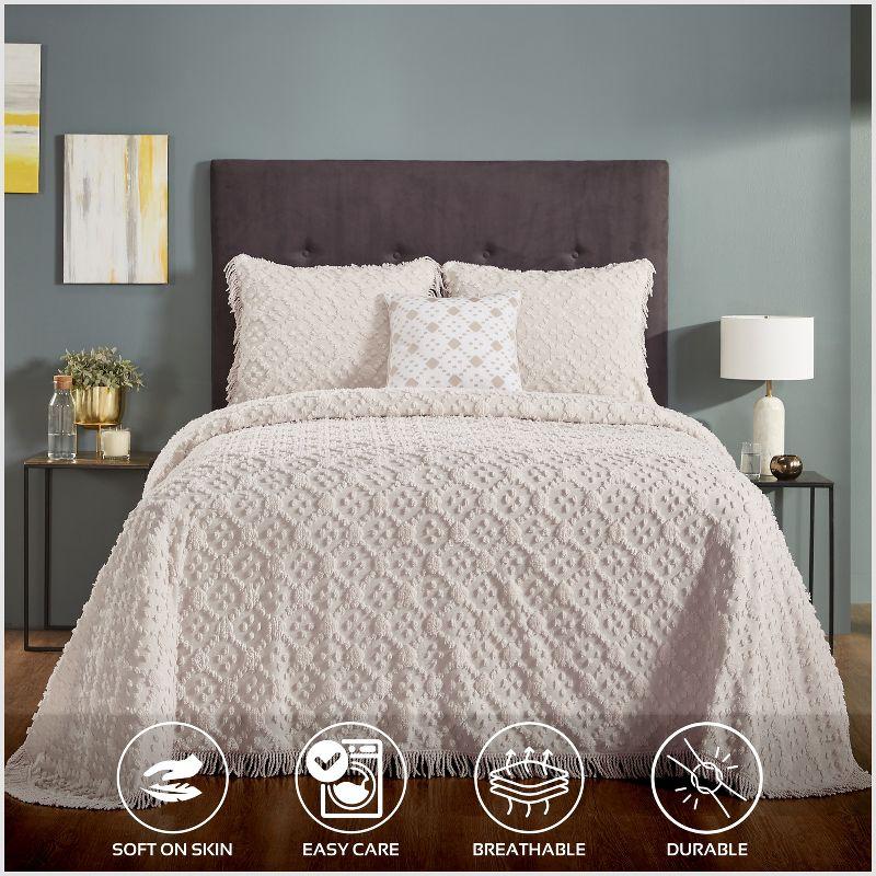 Better Trends Charleston Collection 100% Cotton Bedding sets, Machine Washable Soft and Breathable 4-piece Chenille Bedspread & Sham with Geometric Embroidery, All season