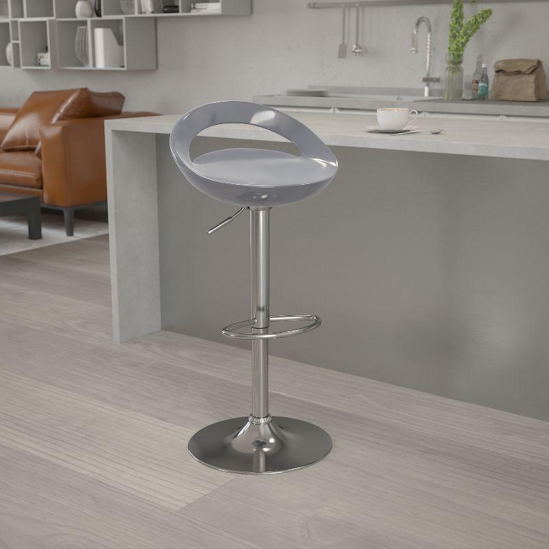 Flash Furniture Contemporary Silver Plastic Adjustable Height Barstool with Rounded Cutout Back and Chrome Base