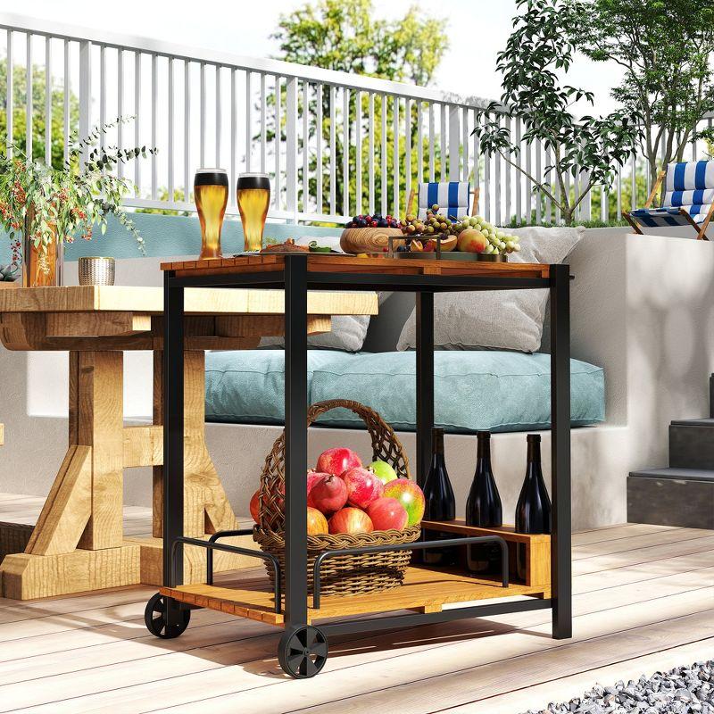 Outsunny Acacia Wood Outdoor Bar Cart with Wheels, Rolling 2-Tier Coffee & Drink Cart with 3 Bottle Holders, Outdoor Serving Cart for Patio, Teak