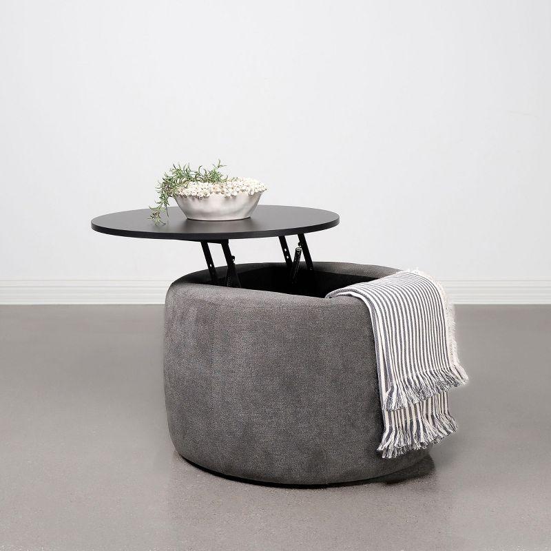 Gray and Black Round Upholstered Lift-Top Storage Ottoman