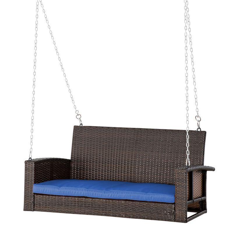 Outsunny 2-Person Wicker Hanging Porch Swing Bench, Front Porch Swing Outdoor Chair with Cushions 550lbs Weight Capacity for Backyard, Garden, Blue