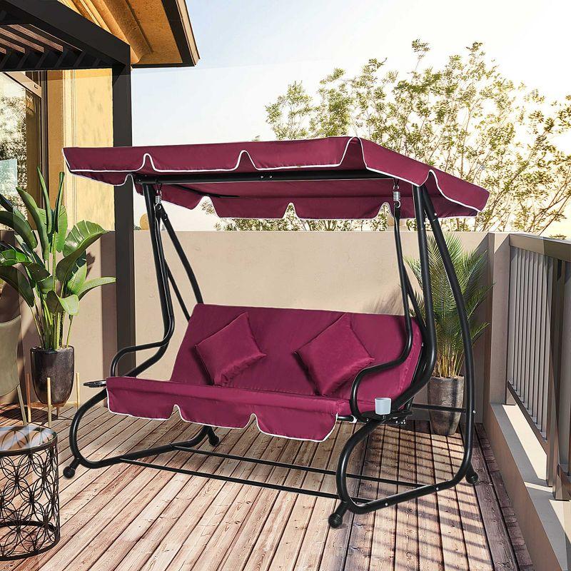 Outsunny 3 Seat Outdoor Free Standing Swing Bench Porch Swing with Stand, Comfortable Cushioned Fabric & Included Canopy, Red