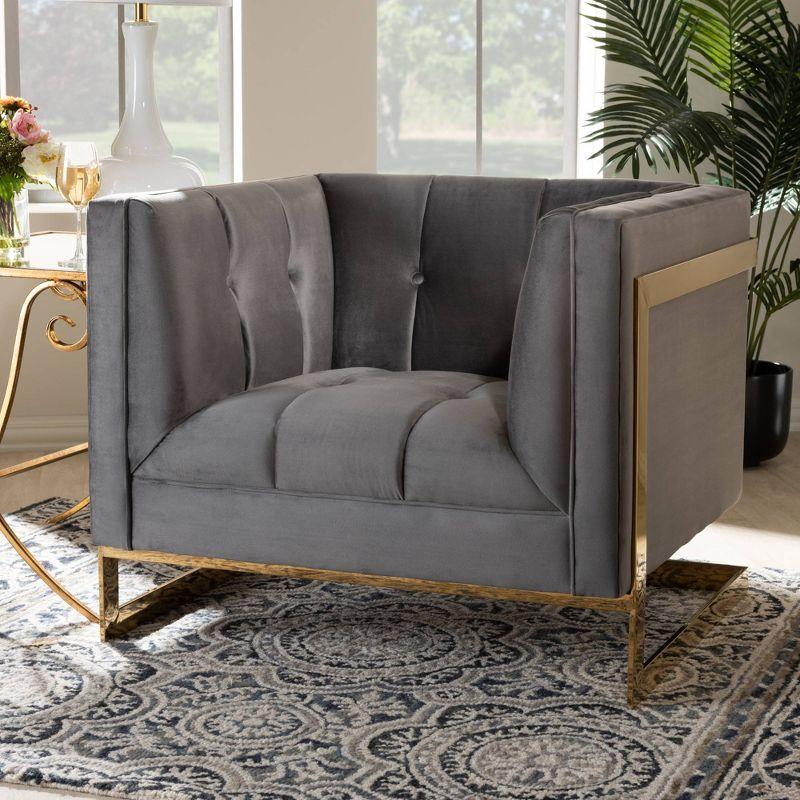 Luxe Grey Velvet Armchair with Gold Metal Frame